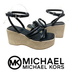 NEW Michael Kors Hazel Black Tubular Leather Platform Strappy Sandals Sz 7 NWOB